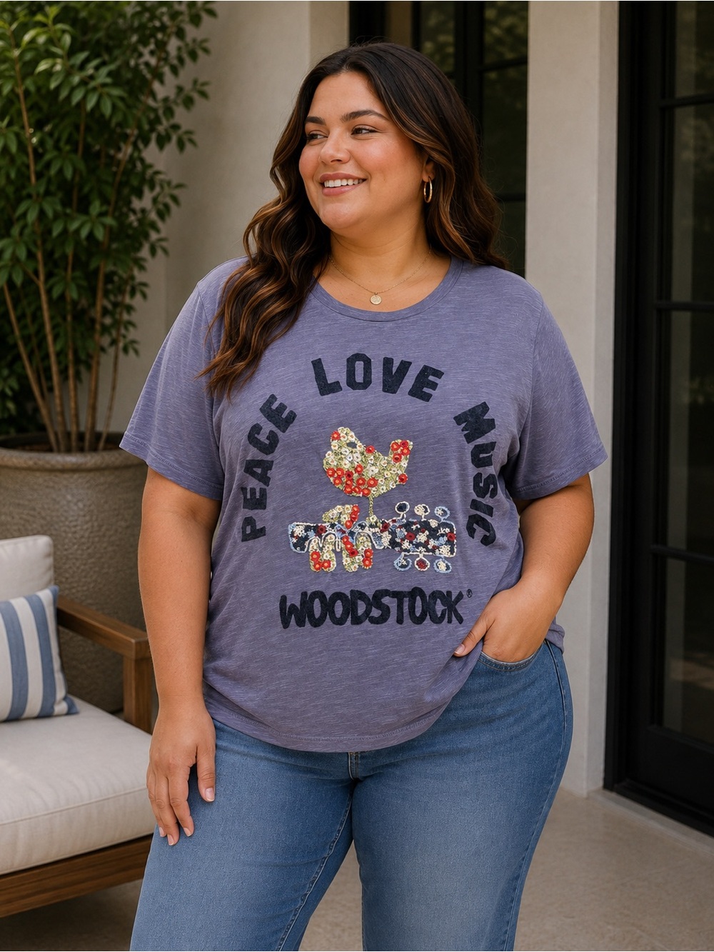Lucky Brand Lavender Woodstock Peace Love Music Graphic Tee